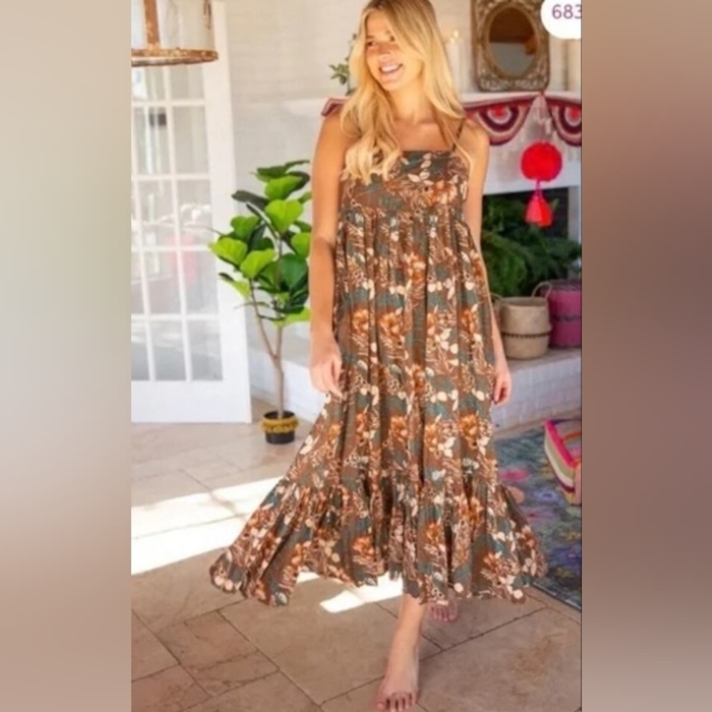 Flowy Floral Maxi Dress in Olive and Rust